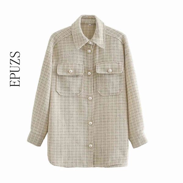 

vintage pearl button plaid jacket women single breasted retro thick shirt coat winter oversize womens coat casual ladies outwear 210430, Black;brown