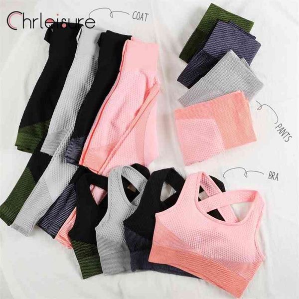 

chrleisure 2/3pcs seamless yoga sets women sportswear sports bra long sleeve crop running gym fitness workout leggings set 210802, Gray