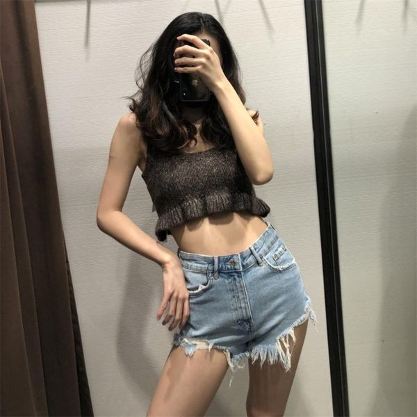 

women's tanks & camis traf 2021 autumn sweet fashion all-match solid color knit short retro sleeveless camisole streetwear, White