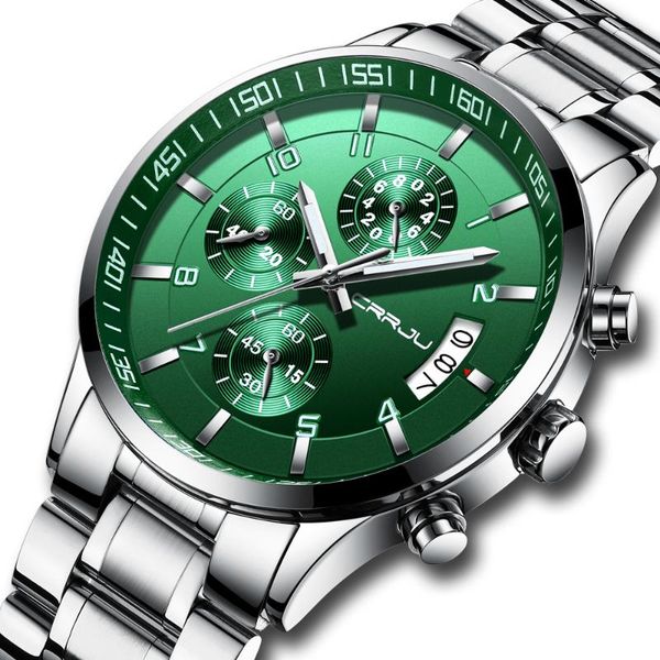 

wristwatches crrju mens watches with stainless steel waterproof analog quartz fashion business luminous metal watch for men, auto date, Slivery;brown