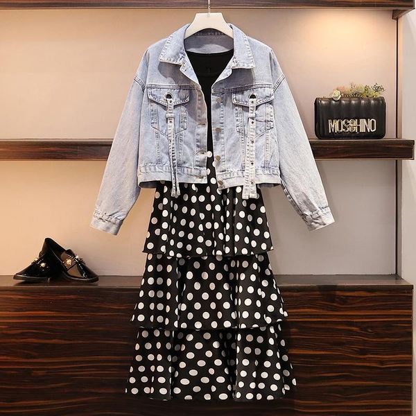 

two piece dress large size l -5xl 2021 spring fashion trendy denim jacket + two-piece suit, White