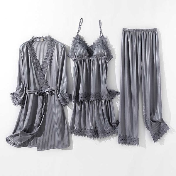 Stripe Sleepwear Lace PJ's Sets Mulheres Outfits Cetim Pijama Terno Verão Nightwear Sexy Kimono Robe Vestido Lingerie Lounge Wear Q0706