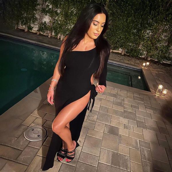 

casual dresses lygens one shoulder long sleeve slit lace up maxi dress women 2021 winter fall club fashion evening elegant apparel clothing, Black;gray