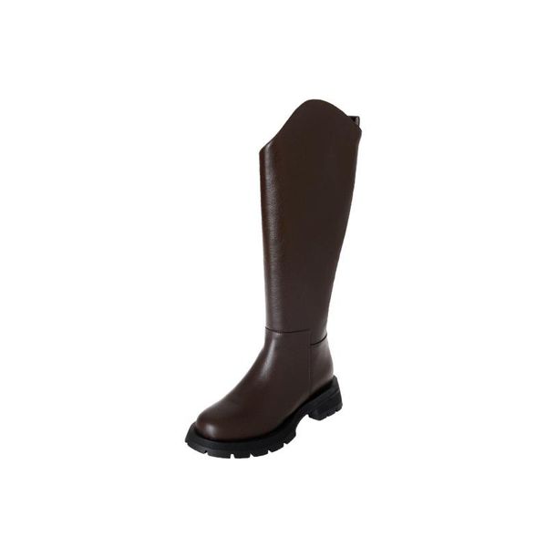 

boots women knee high full cow leather warm thick heels motorcycle punk shoes woman, Black