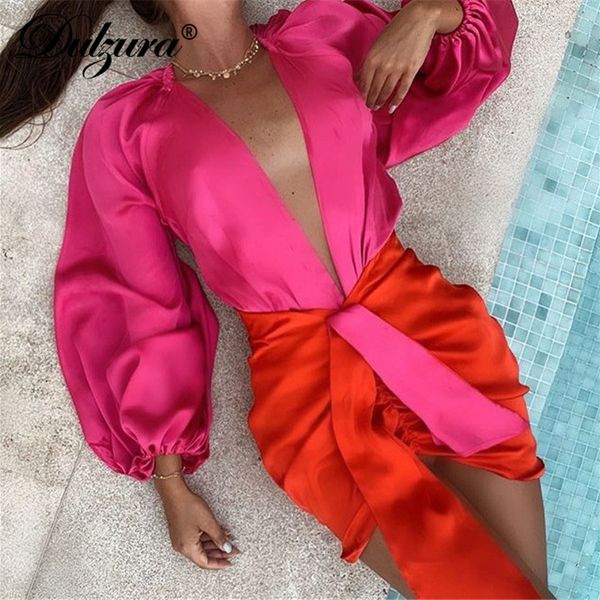 

satin patchwork women two piece set puff sleeve bodysuit deep v neck ruched mini skirt patchwork elegant party club 2021, Black;white