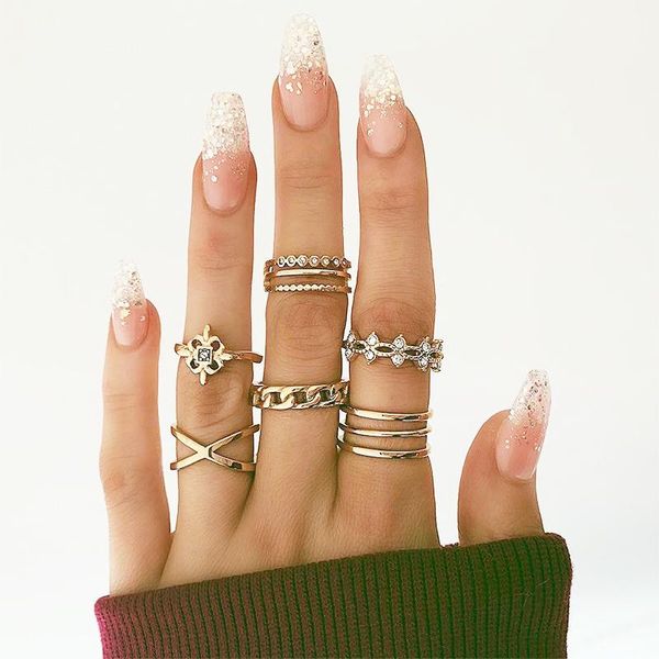 

wedding rings 8pcs/set classic vintage hollow cut double layers cross inlay crystal alloy ring for women girls fashion jewelry finger decor, Slivery;golden