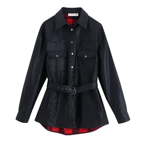 

women's leather & faux fall fashionable and handsome locomotive pu lapel shirt jacket with belt single-row buckled, Black