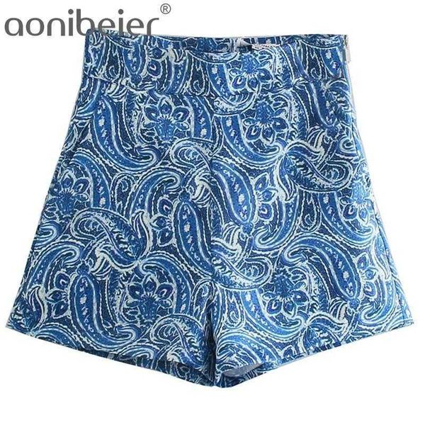 

temperament vintage paisley print women shorts high waist female summer side zip straight pockets blue bottoms 210604, White;black