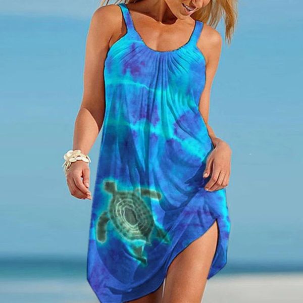 

women's swimwear summer dresses cartoon sea turtle printed sleeveless v-neck casual vest hem dress holiday elegant for women, White;black