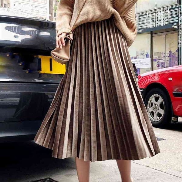 

vintage velvet pleated skirt for women autumn high waist midi skirts female korean elegant street long skirt, Black