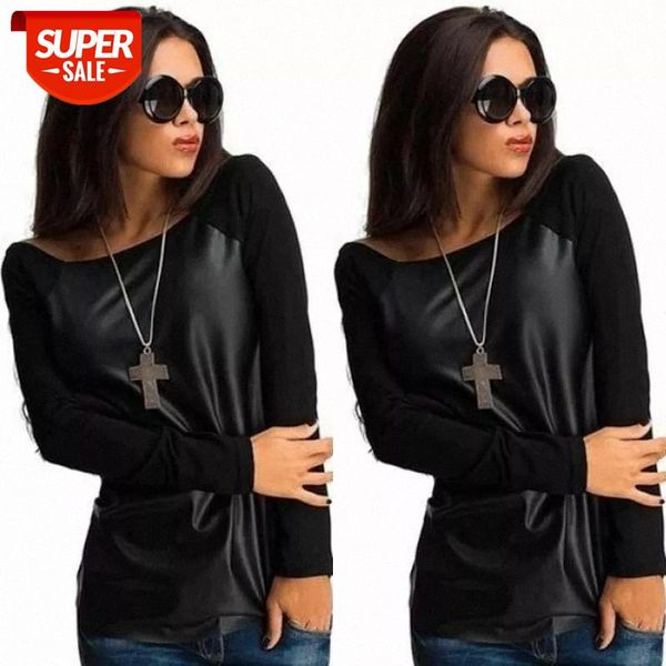 

Women Loose T-shirts Fashion Leather Patchwork Top New Lady Lady Clothing Summer Long Sleeve Casual Shirts Tees Blusa #Wn9e, White