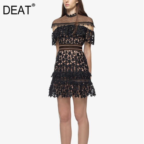 

[deat] summer fashion round neck high waist hollow out short sleeve black loose style dress women 13c529 210527, Black;gray