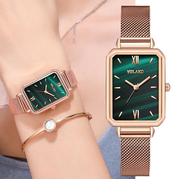 

wristwatches fashion rose gold mesh belt ladies watch exquisite rectangle thin chain green women watches relogio feminino clock, Slivery;brown