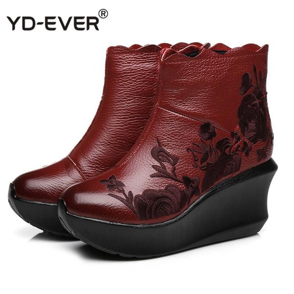 

boots embroider handmade for women genuine leather ankle shoes vintage platform round toes wedges, Black