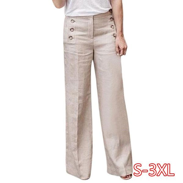 

women's pants & capris plus size 3xl summer cotton linen women wide legs solid casual high waist button trousers female loose, Black;white