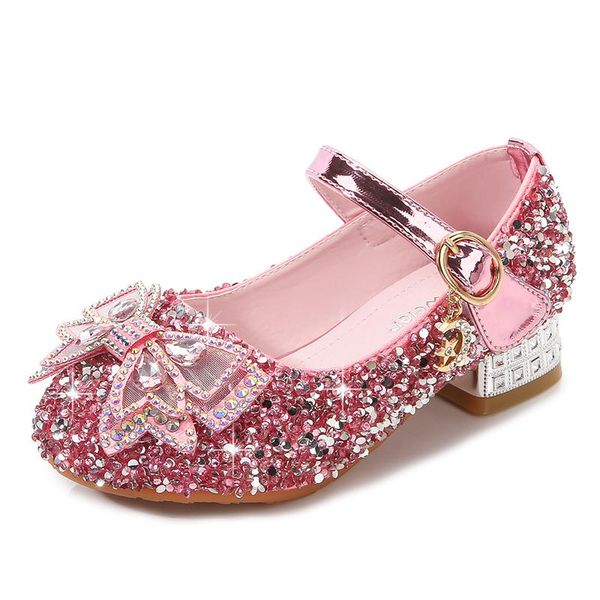 

flat shoes children high heels girls crystal for wedding party kids dress bowtie with rhinestone princess dancing ball soft, Black;grey