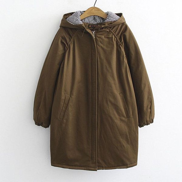 

winter trench coat woman solid color loose hooded inner quilted thick women's coats windbreaker, Tan;black