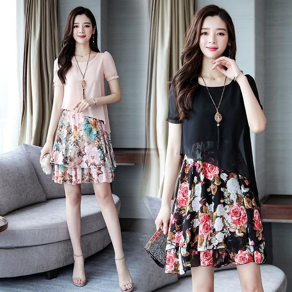 

plus size dresses floral stitch chiffon mini 5xl large vintage casual robe spring summer clothes dress for women's 2021 sundress, Black