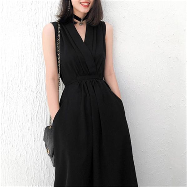 

casual dresses fashion chiffon black dress female summer temperament retro high waist v-neck hepburn style women, Black;gray