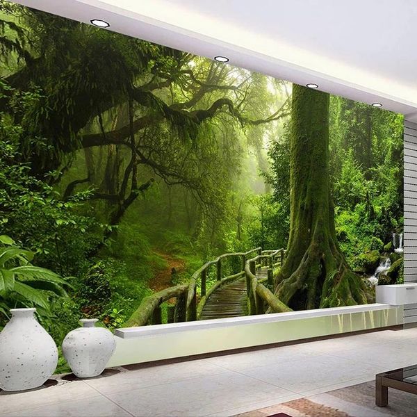 

wallpapers custom size 3d self adhesive wallpaper green big tree nature landscape forest mural bedroom living room sofa tv background art