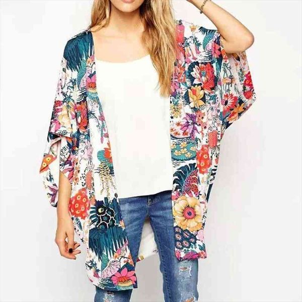 

women arrival floral loose shawl kimono cardigan boho chiffon beach holiday blouse, White
