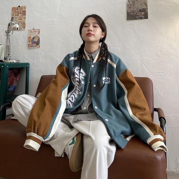 

women's jackets baseball uniform jacket women fall 2021 loose bf contrast color retro casual men for, Black;brown
