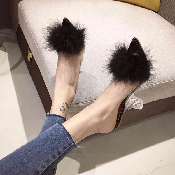 

dress shoes wholesale high heel feathers beach bath outdoor hairy sandals luxury designer slippers lace up holes shoes villus couple for sum, Black