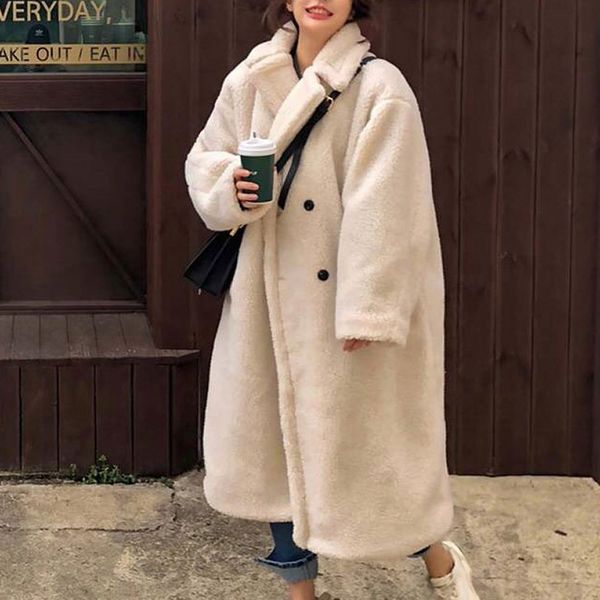 

winter women solid lamb fur coat long sleeve casual fleece jacket turn down collar long teddy coat outerwear 2021, Black