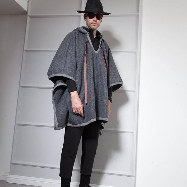 

men's wool & blends black dark gray thick woolen coat shawl cape hooded autumn and winter shirt european american simplicity