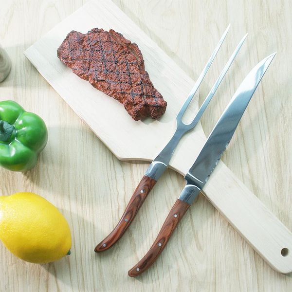

dinnerware sets 2pcs 11.5'' stainless steel carving knife japanese steak cutlery straight metal fork set wood handle kitchen