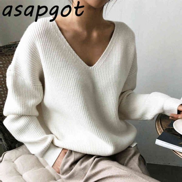 

sweaters&jumpers minimalism temperament simple v neck loose chic irregular hem solid color sweater pullovers white knitted 210429, White;black