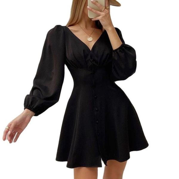 

casual dresses early autumn spring women v neck long sleeve high waist a-line female short black dress, Black;gray