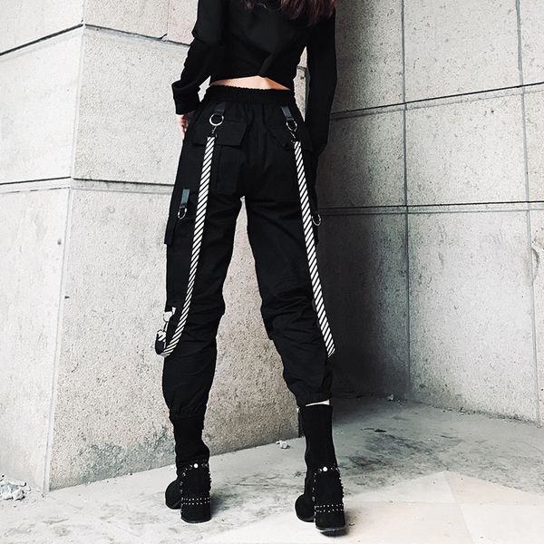 

women's pants & capris black cargo pants, casual, high waist, loose, hip hop, korean, punk, strapped, funny, capri, female streetwear w, Black;white