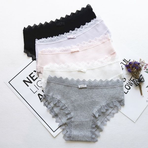 

women's underwear vertical stripe lace bow cotton mid-waist comfortable and breathable student briefs, Black;pink
