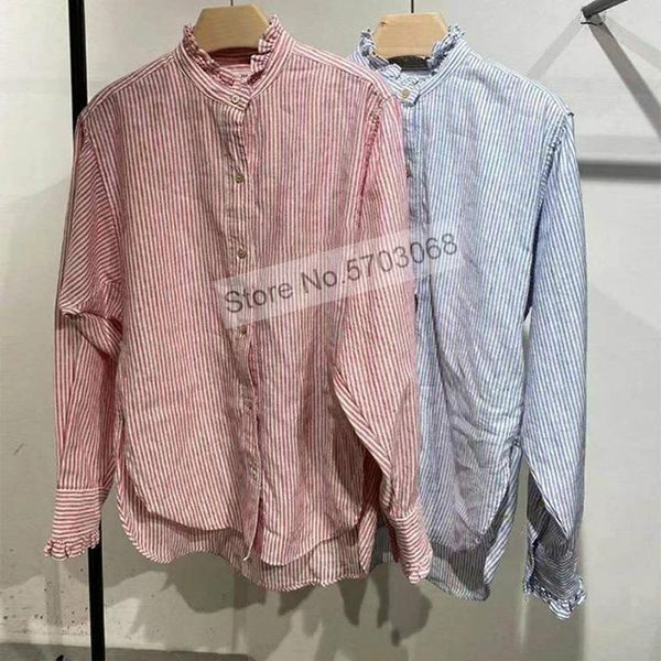 

women's blouses & shirts [elfstyle]ladies ruffled neckline contrast stripe blouse shirt with ruffle cuff detail, White