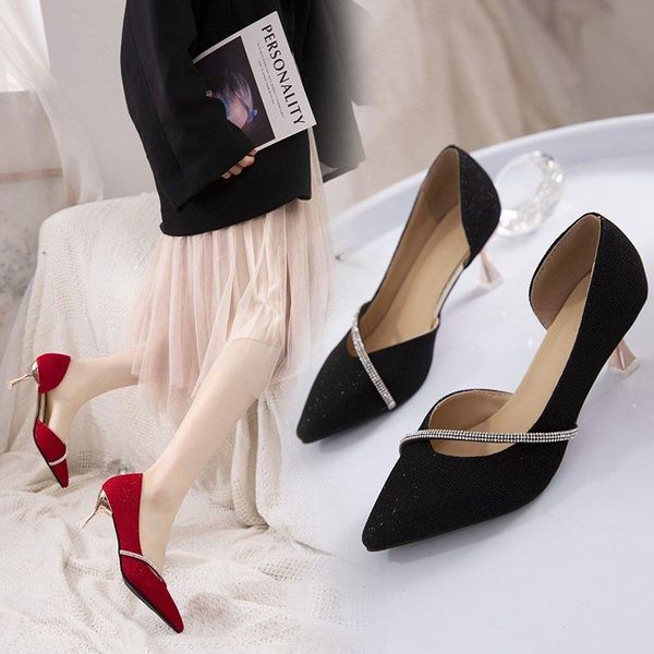 

dress shoes large size 41 women pumps pointed toe high heels 6cm bling crystal ladies gold heeled zapatos mujer 2021, Black