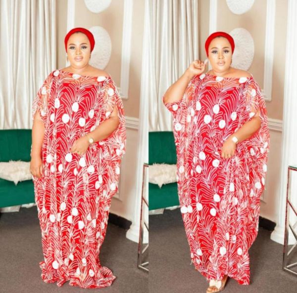 

ethnic clothing 2021 classic style african women's dashiki net tulle fabrics lace loose skirt long dress inside 2piece size length 150, Red