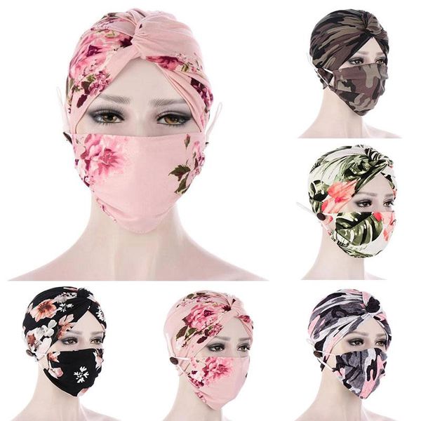 

berets floral print turban head wrap band knotted scarf bandana cap button chemo hat hair mask, Blue;gray
