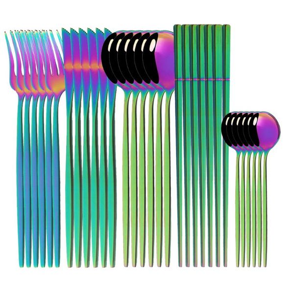 

dinnerware 6/30pcs rainbow cutlery set stainless steel luxury flatware home fork spoon knife chopsticks kitchen dinner sets