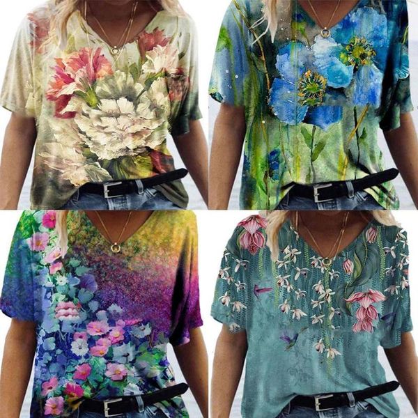

women's t-shirt multicolor flowers tie dye short sleeve t-shirts shirt summer beachwear clothes t female neck for women o2u2, White