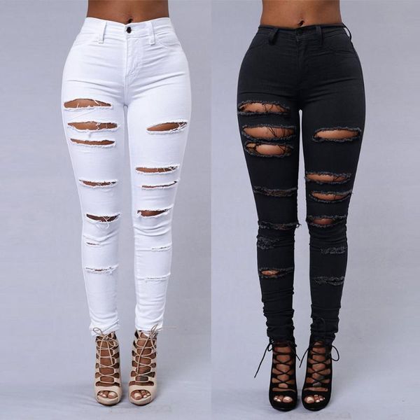 

streetwear solid ripped hole no bomb high waist jeans 2021 women casual straight pencil trousers denim vintage nine-cent women's, Blue