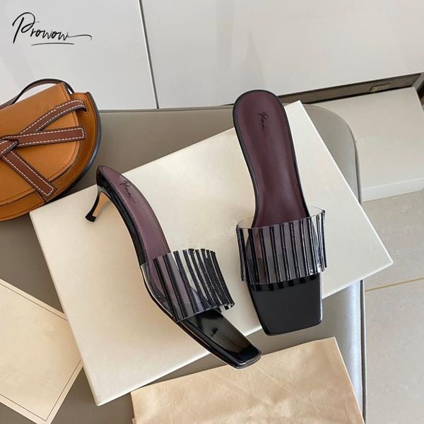 

slippers prowow fashion style pvc black woman summer open toe thin mid heel women shoes casual