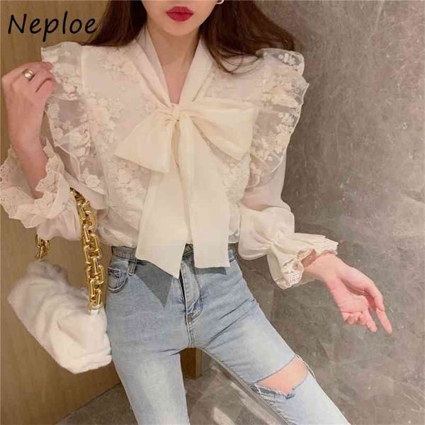 

court style temperament french blouse women work ol lace hook flower blusas spring bow long sleeve shirt 210422, White