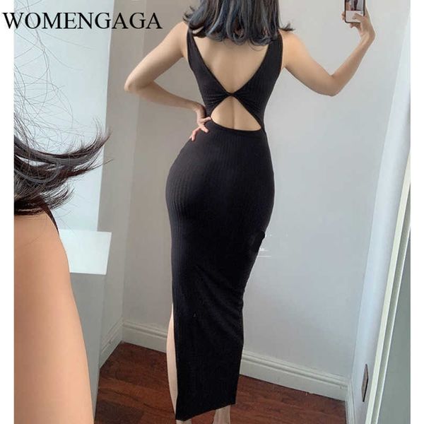 

autumn summer elastic slimming backless hollow out black long knitting elasticity wear both front and back dress q7 210603, Black;gray