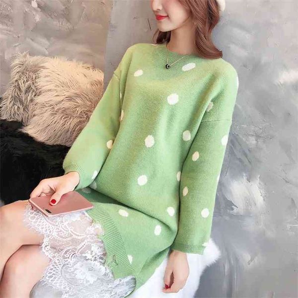 

spring and autumn style korean fashion casual polka dot lace side mid-length sweater women loose round neck 210427, White;black