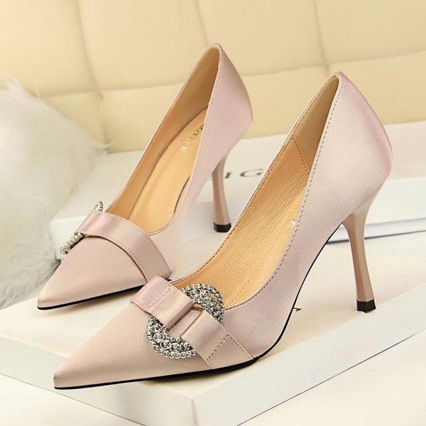 

dress shoes luxury women pumps elegant silk pointed toe fashion mouth banquet rhinestone buckl 9cm thin high heels party, Black