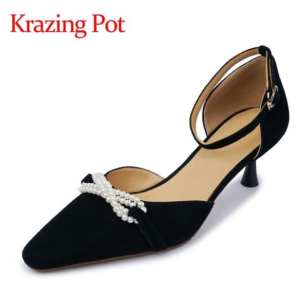 

sandals krazing pot genuine leather square toe pearl beading med heels syoung lady fashion gentlewomen buckle straps women l65, Black