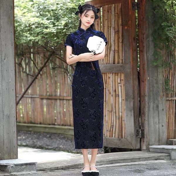 

ethnic clothing vintage button satin long qipao print flower chinese prom party dress gown lady mandarin collar cheongsam sheath vestid, Red