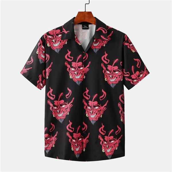 

men's casual shirts devil full printed short sleeve men summer floral loose hawaiian korean streetwear hip hop couple fashion camisa, White;black