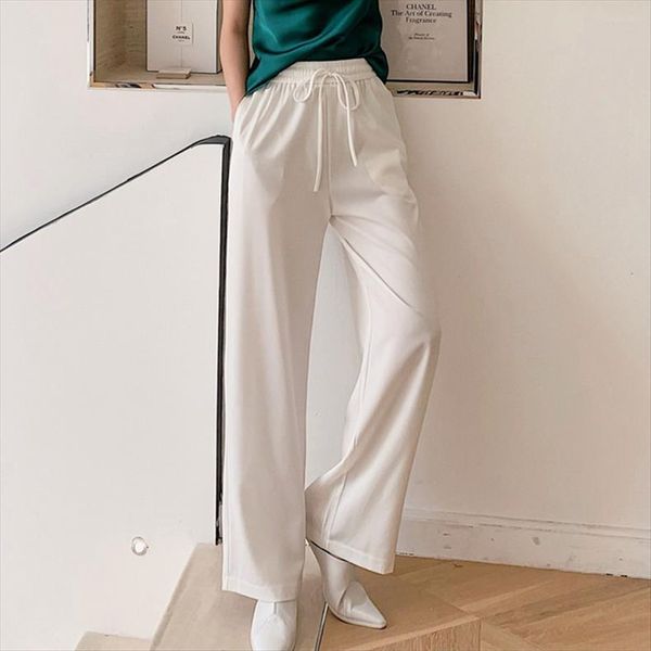 

soft comfort silk length long women pant trousers slackshigh waist casual summer slacks streetwear, Black;white